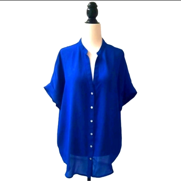 Forever21 Royal Blue V Cutout Cap Sleeve Blouse Button Up Size - Picture 1 of 5